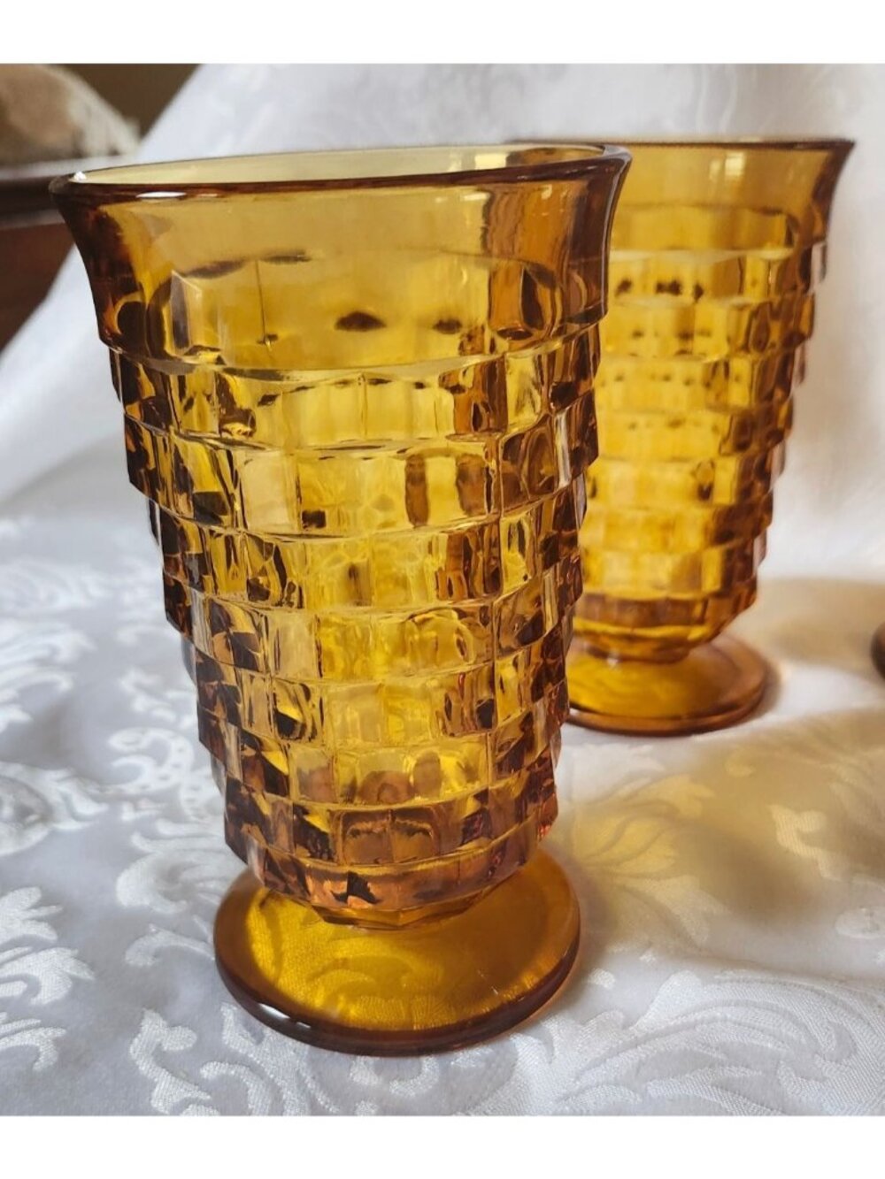 Set Of 4 Vintage Colony Whitehall Amber Glass Footed Iced Tea Tumblers - Picture 10 of 10